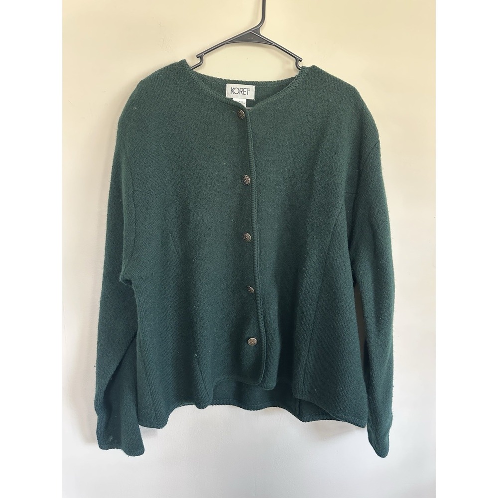 Vintage Koret Twee Structured Green Sweater Cardigan Jacket 100%‎ Wool Size 2XL